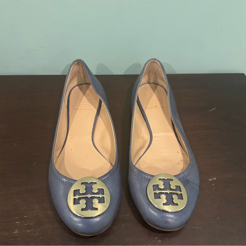 Tory Burch Navy Loafers with Gold Emblem
